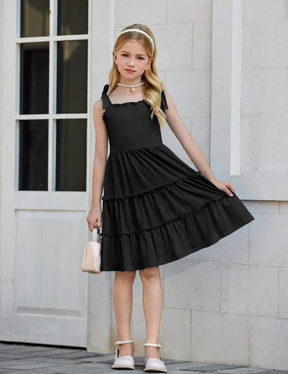 Arshiner Mädchen Kleider Fliege Trägerkleid Kinder Baumwolle Sommerkleid Ärmelloses A-Linie Swingkleid Schulterfrei Elegant Freizeitkleid für Mädchen 5-15 Jahre