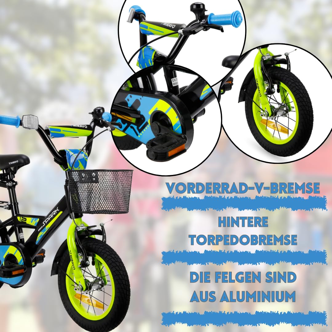 MIRAVO Kinderfahrrad Fahrrad Kinder Ab 2 Bis 8 Jahre Mit Stützrädern Schubstange V-Brake Bremsen Rückstrahl Aufkleber 12 16 20 Zoll Radgröße Korb Für Junge Spark - Meloni2