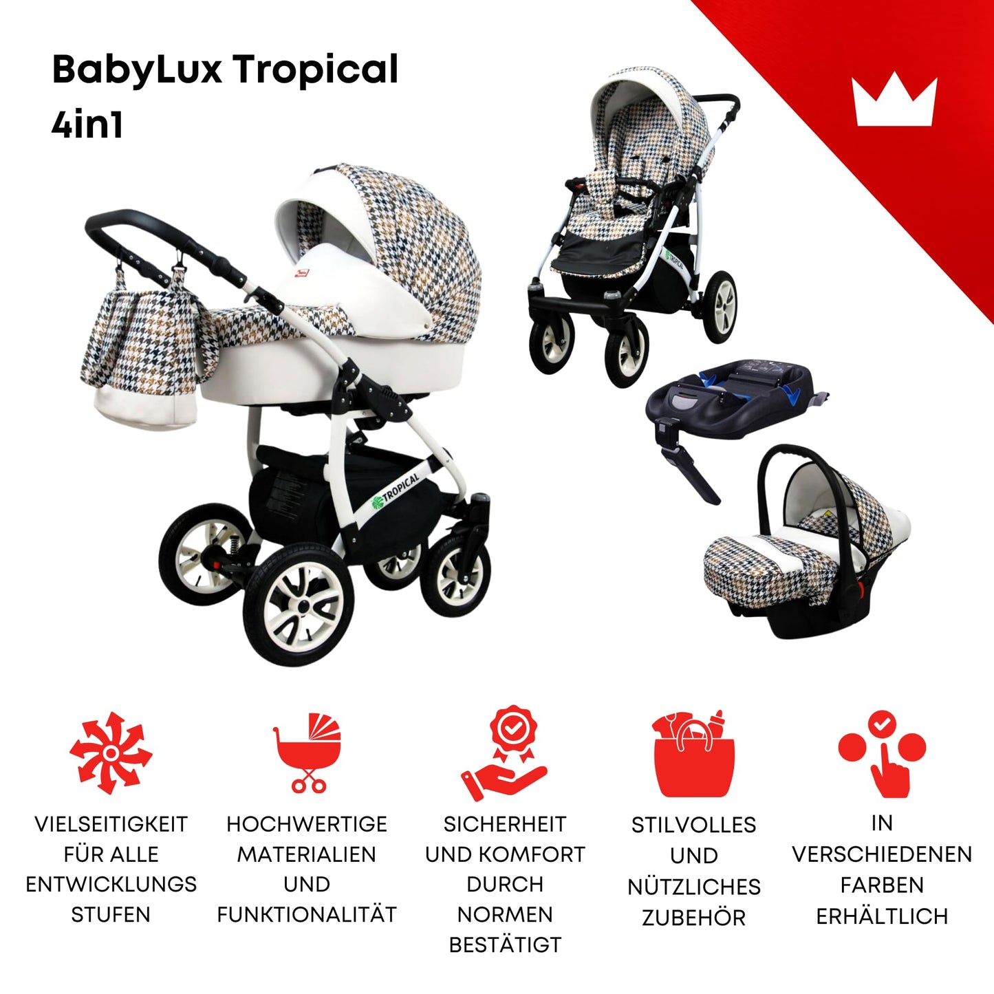 BabyLux® Bambimo Pushchair Set 3 in 1 - Tropical - incl. Baby Carrycot, Buggy Sports Seat, Car Seat - Pram Set - Combination Pram with Changing Bag, Rain Cover etc.