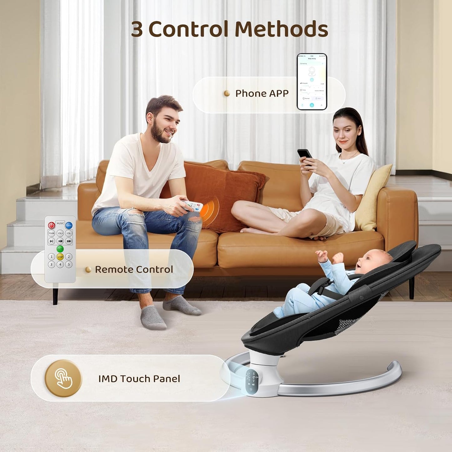 Ixdregan Electric Baby Rocker - App & Remote Control Baby Swing Electric with 3 Timers, 5 Swing Speeds, 10 Music, Bluetooth Connection, Soft Padded Baby Rocker (App Black)