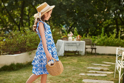Arshiner Girls Dresses Flutter Sleeves Kids Summer Cotton Formal Dress A-Line Waist Lace-up Casual Dress Swing Dress Elegant Sleeveless Dress for Girls 5-13 Years 