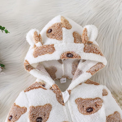 Yanmucy Newborn Baby Winter Romper with Hood Cartoon Bear Baby Snowsuit Warm Fleece Zip Baby Girl Boy Jumpsuit 0-18 Months