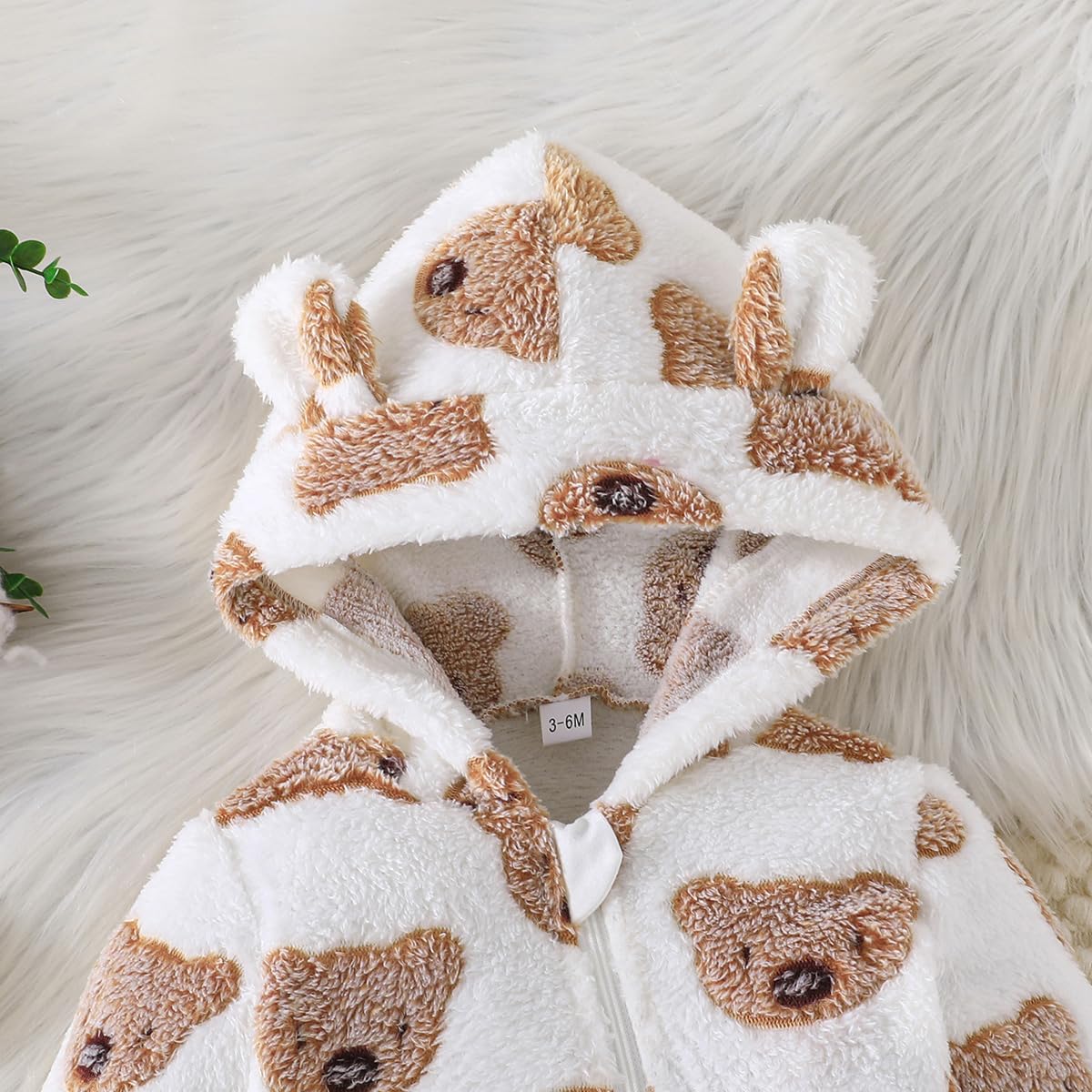 Yanmucy Newborn Baby Winter Romper with Hood Cartoon Bear Baby Snowsuit Warm Fleece Zip Baby Girl Boy Jumpsuit 0-18 Months