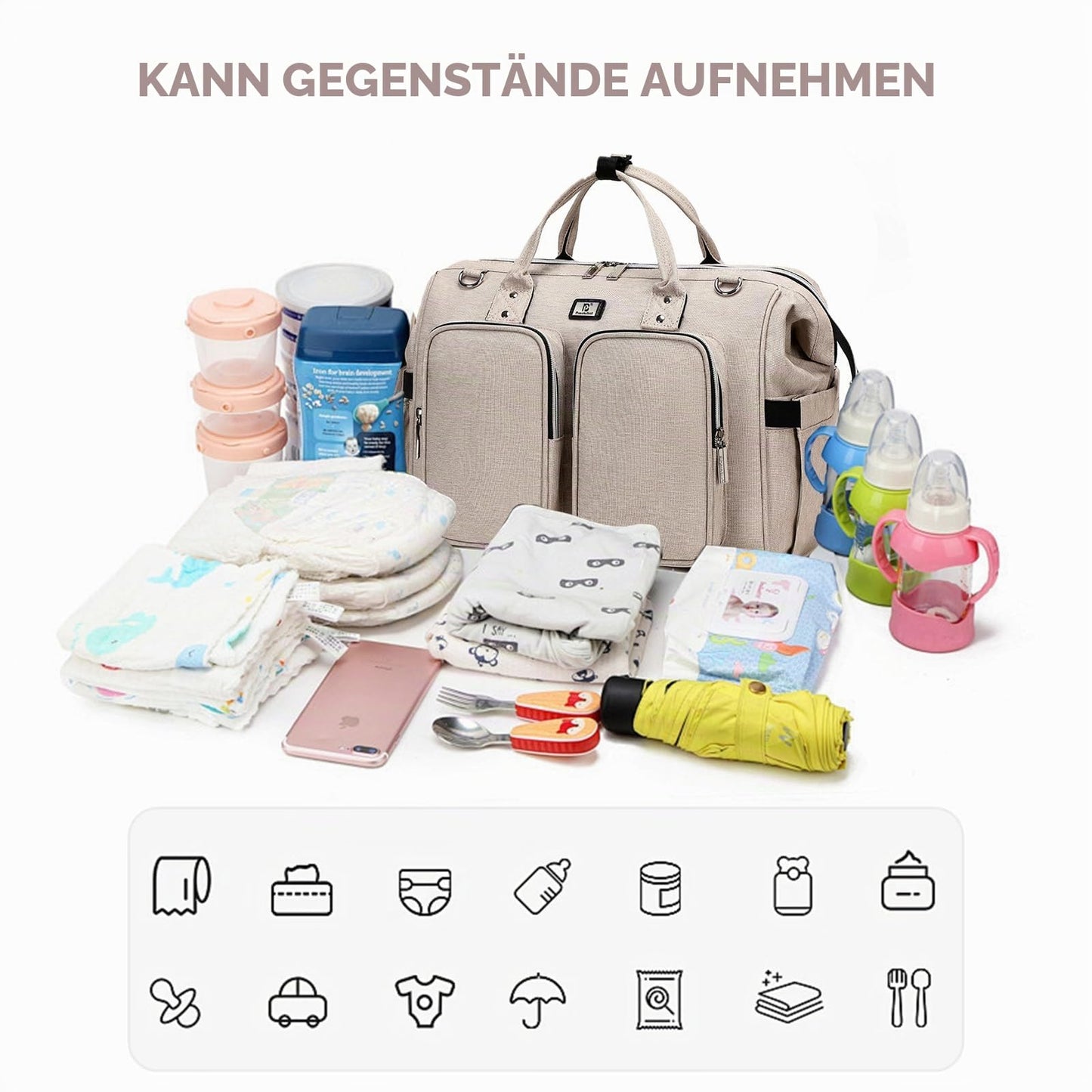 Wickeltasche mit wasserdicher Wickelunterlage und 2 Kinderwagen Haken verstellbare Schultergurt multifunktionale Umhängetasche Reisetasche für Unterwegs
