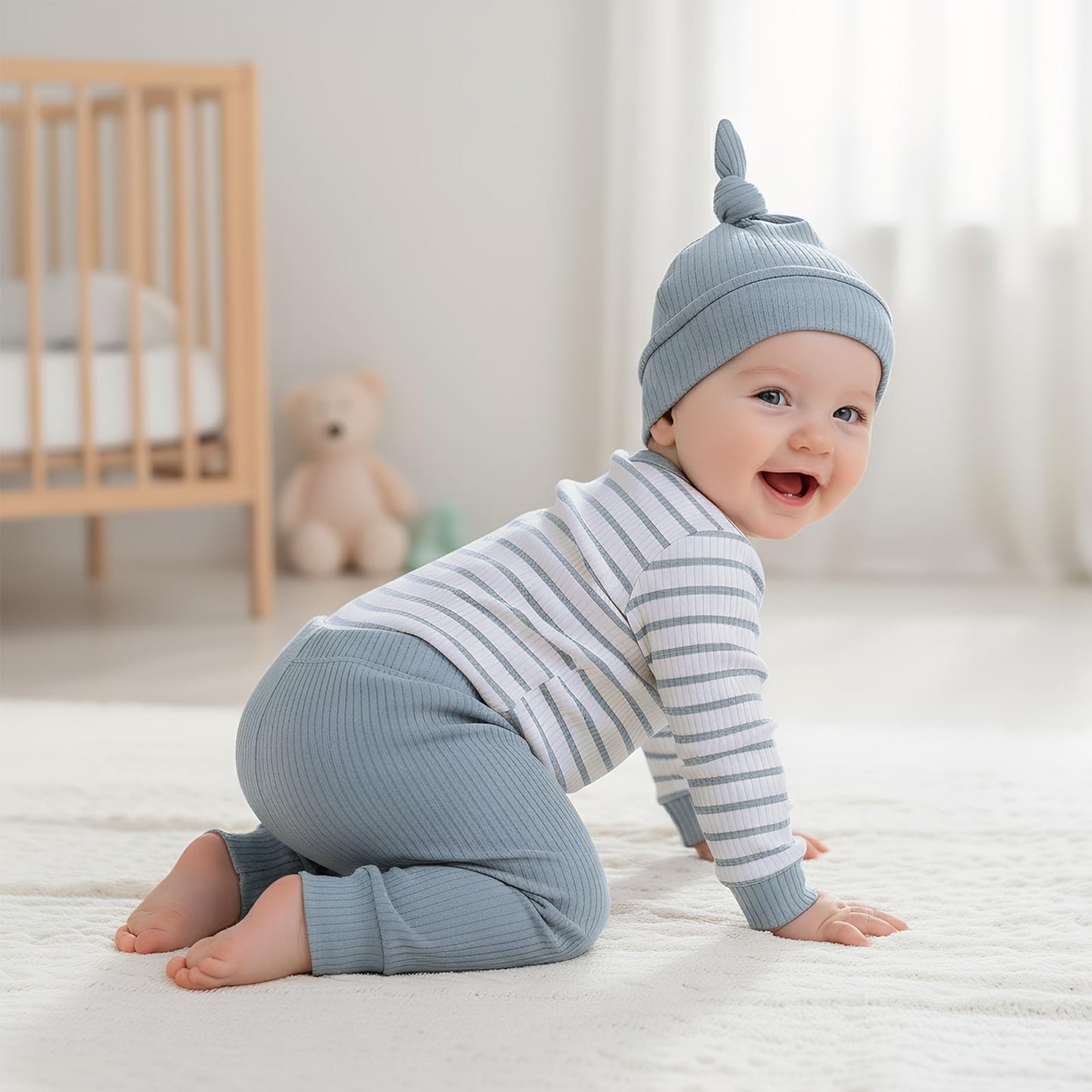 Baby Jungen Kleidung Gestreifter Body Strampler Langarm Top + Hose + Hut Baby Kleidung Set Baumwolle Weiche Kleidung Set für Neugeborene Kleinkinder 0-18 Monate