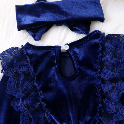 Baby Dress Girls Long Sleeve Lace A Line Princess Velvet Dress + Headband Wedding Festive Autumn Winter Clothing