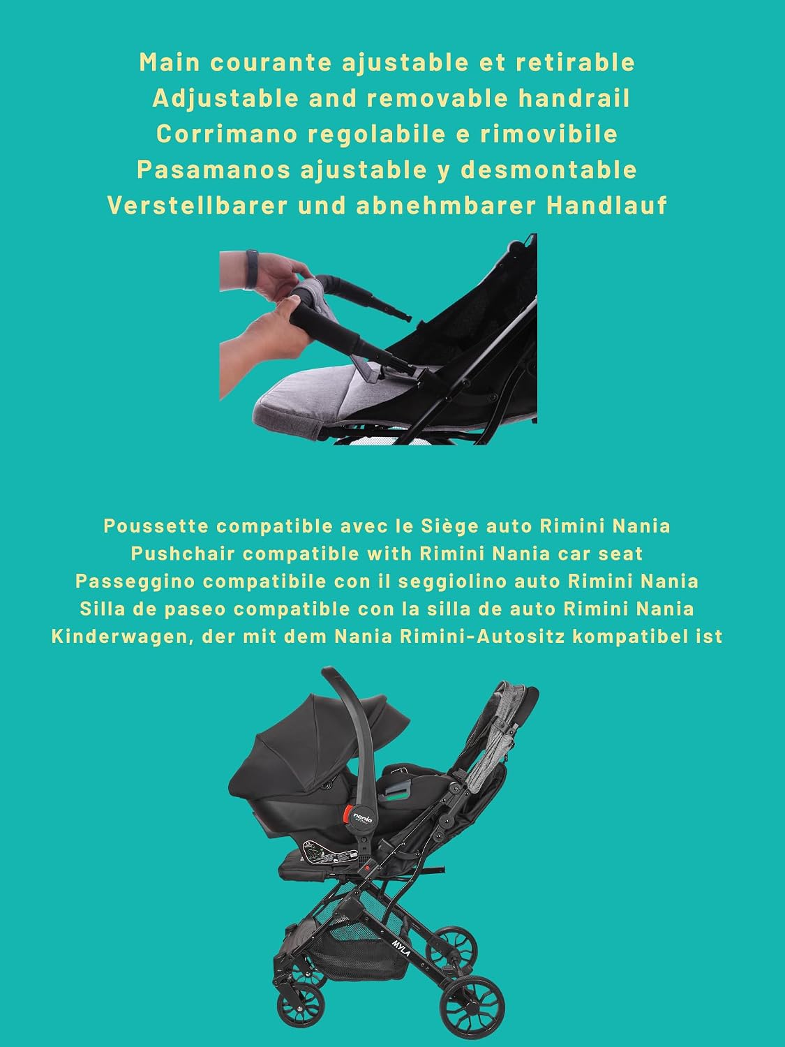 Nania Myla, kompakter Buggy, Kinderwagen 0 bis 4 Jahre (22 kg max), leicht (7,5 kg), Stadtwagen, mit einer Hand in Liegeposition neigbar, großer Aufbewahrungskorb, mit Transporttrolley