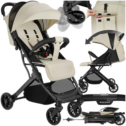 tectake® Buggy Kinderwagen von 0 bis 3 Jahre, Wagen für Baby Erstausstattung Neugeborene und Kinderbuggy, einhändig faltbarer Reisebuggy, Reisekinderwagen, Baby Wagen mit Verdeck - grau/beige - Meloni2