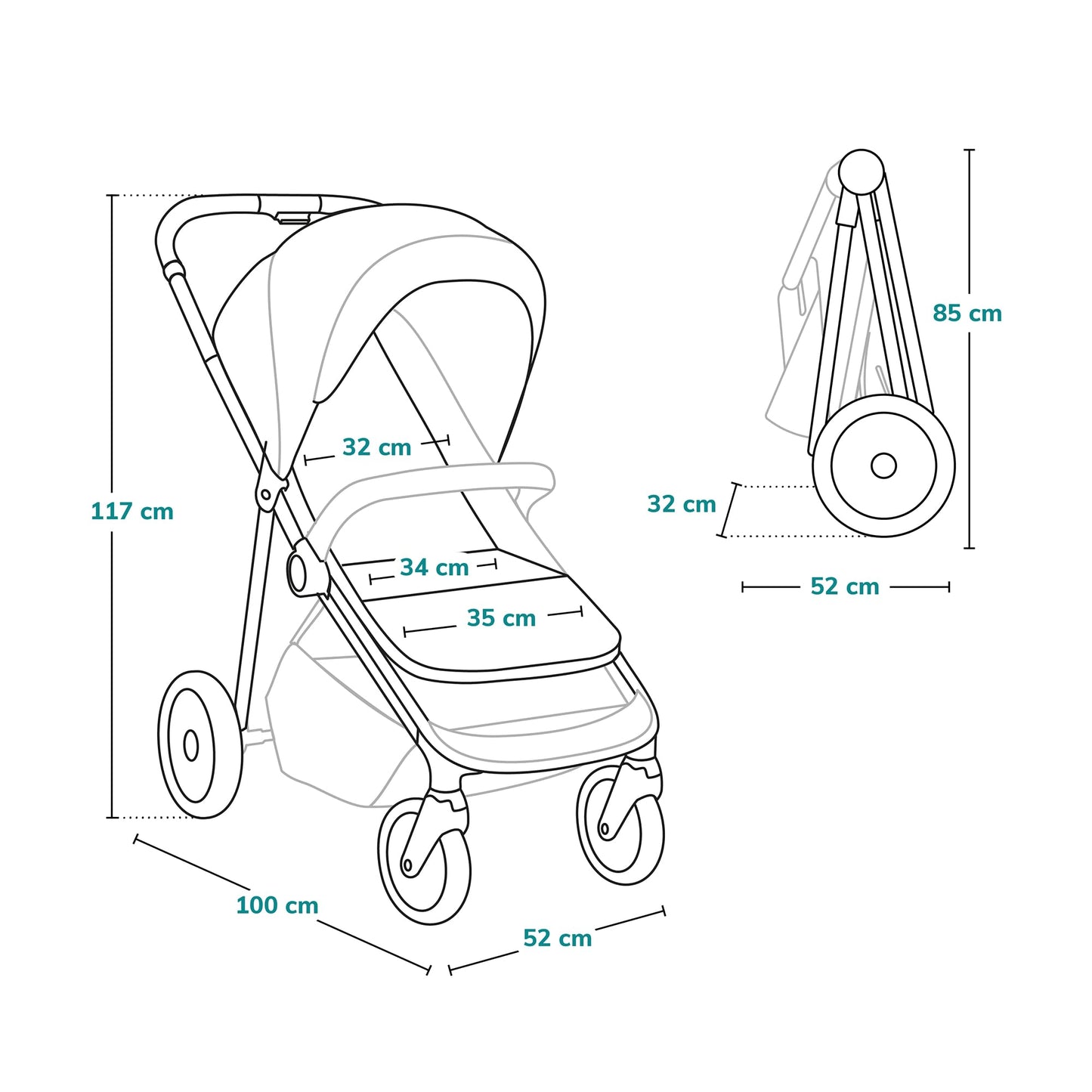LIONELO Emma Plus Kinderwagen bis zu 15 kg, Kindersportwagen, leicht modern klein Buggy mit Liegeposition, zusammenklappbar, große Räder, großer Korb, Tasche Vivid Turkus
