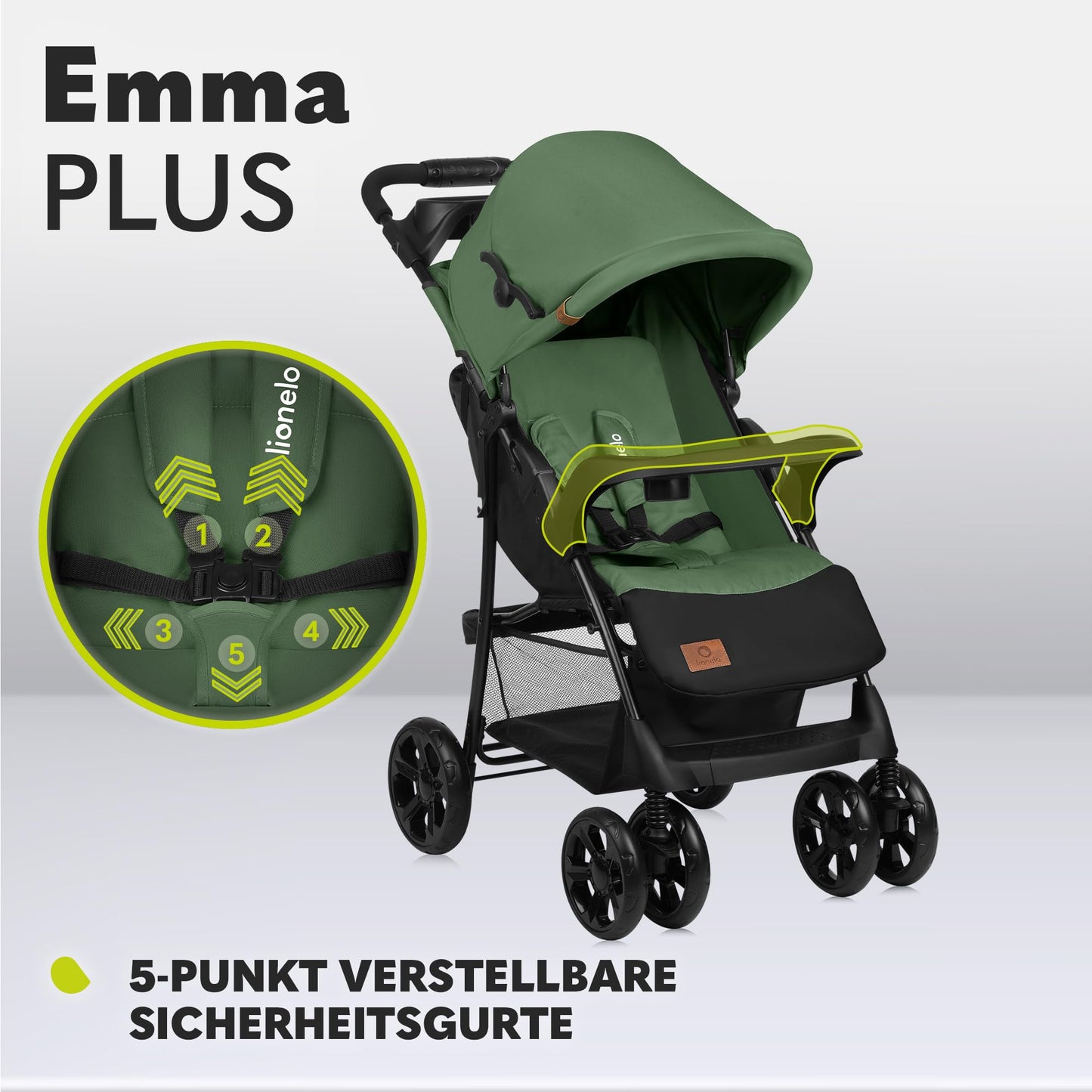 LIONELO Emma Plus Kinderwagen bis zu 15 kg, Kindersportwagen, leicht modern klein Buggy mit Liegeposition, zusammenklappbar, große Räder, großer Korb, Tasche Stone