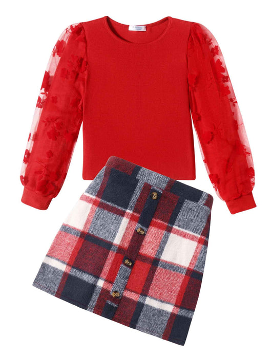 Arshiner Girls' Clothing Sets Elegant Long Sleeve Shirt with Skirt Set Children's Autumn Winter Outfit Checked Leisure Fashion Two Piece Clothing Sets for Girls 5-13 Years