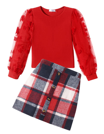 Arshiner Girls' Clothing Sets Elegant Long Sleeve Shirt with Skirt Set Children's Autumn Winter Outfit Checked Leisure Fashion Two Piece Clothing Sets for Girls 5-13 Years