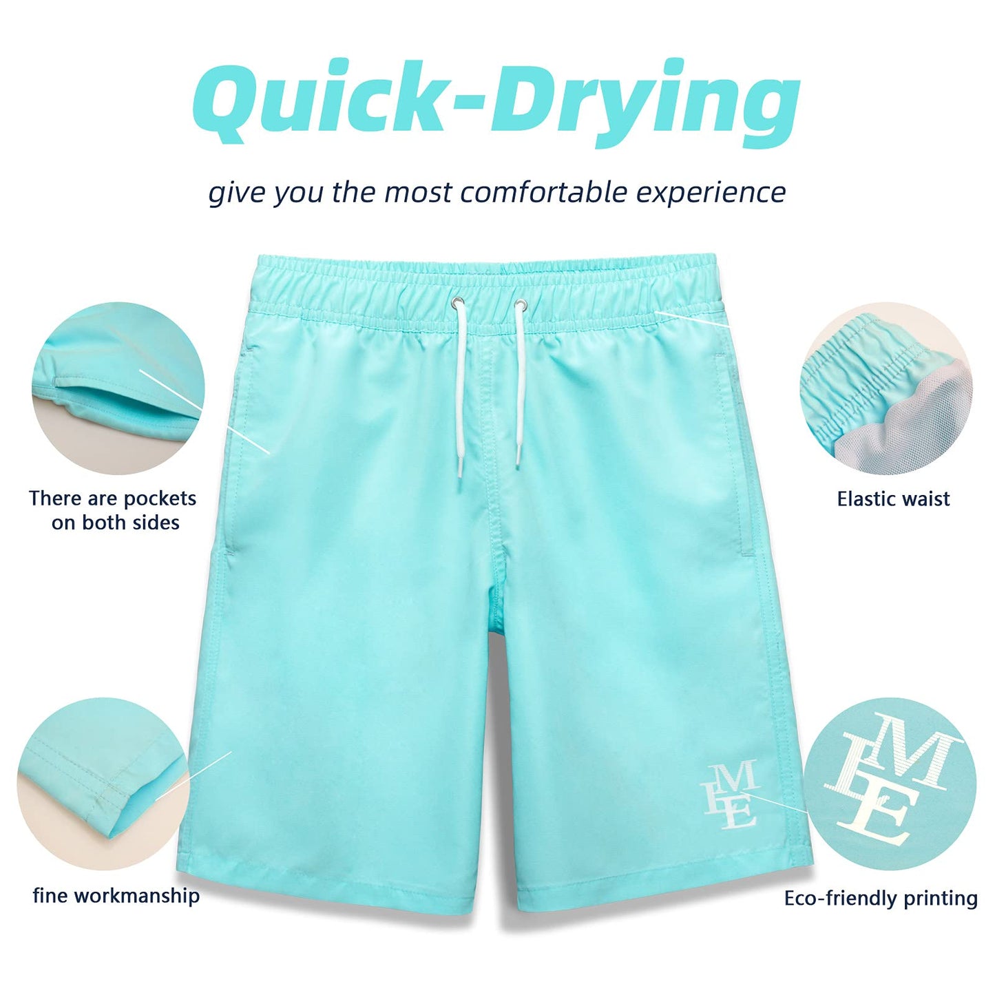 MEILONGER Badehose Jungen Badeshorts Schnelltrocknend Boardshorts mit Netzfutter Taschen und Verstellbarem Tunnelzug