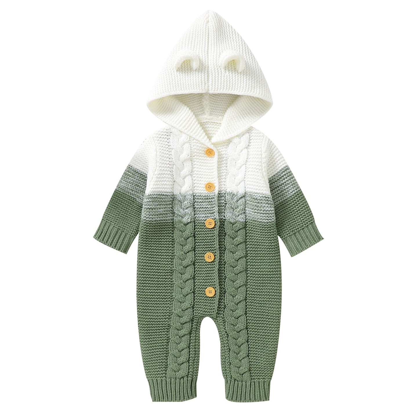 OBEEII Newborn Baby Knitted Romper Jumpsuit with Hood Ear Onesies Pullover Winter Warmer Onesie Bodysuit for Boys Girls