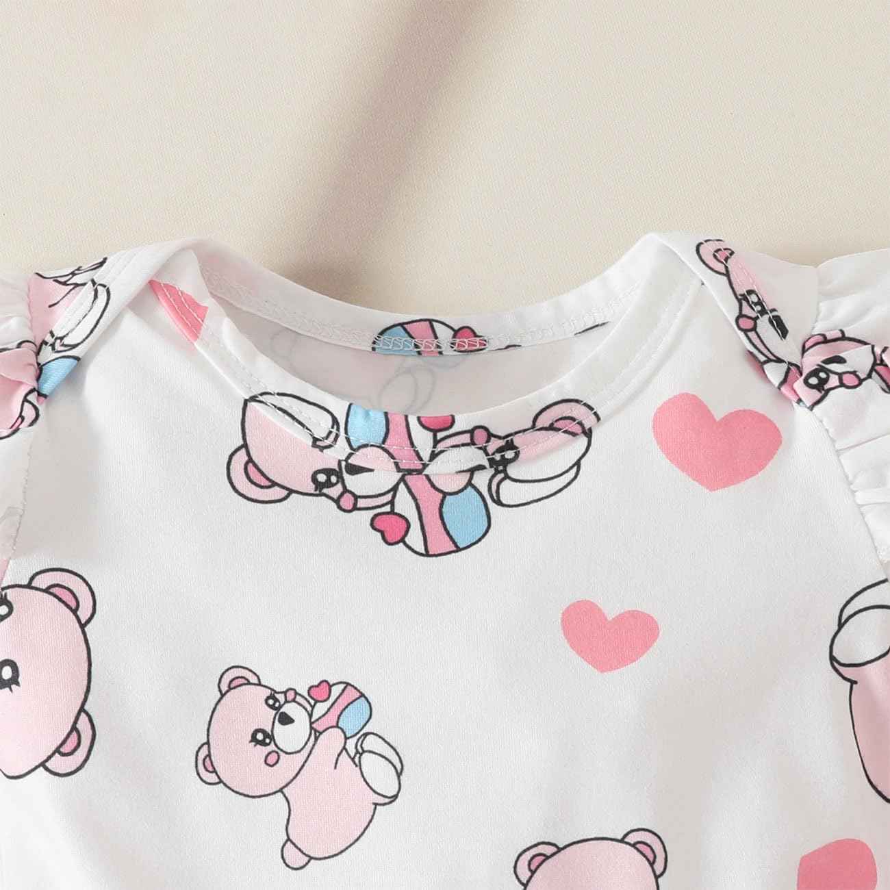 Baby Mädchen Kleidung Sets, Kurze Ärmel Snap Knopf Schritt Rundhalsausschnitt Karikatur Bär Love Herz Dehnen Shorts Schleifenknoten Stirnband Sommerkleidungs-Sets Klamotten, Rosa 0-18 Monate