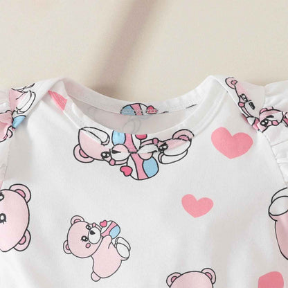 Baby Mädchen Kleidung Sets, Kurze Ärmel Snap Knopf Schritt Rundhalsausschnitt Karikatur Bär Love Herz Dehnen Shorts Schleifenknoten Stirnband Sommerkleidungs-Sets Klamotten, Rosa 0-18 Monate
