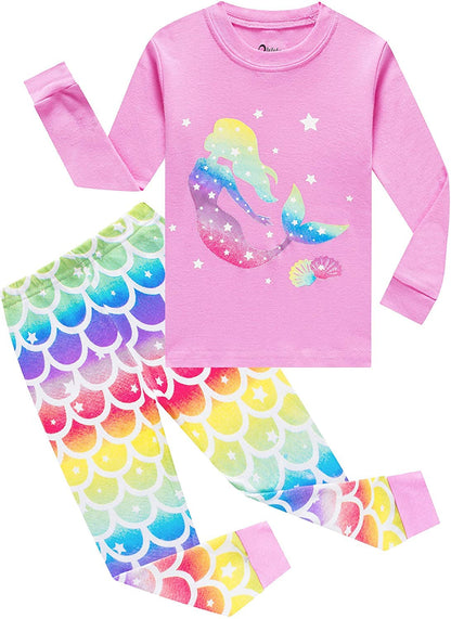 EULLA Children's Pyjamas Girls Long Sleeve Winter Pyjama Set Cotton Mermaid Unicorn Princess Cat Dino Two Piece Sleepwear 92 98 104 110 116 122