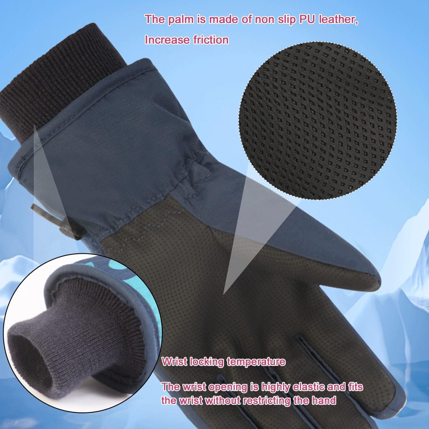 HNGEMSY Children's Winter Snow Gloves Ski Gloves for 2-13 Years Girls Boys PU Palm Waterproof Windproof Warm Fleece Winter Gloves