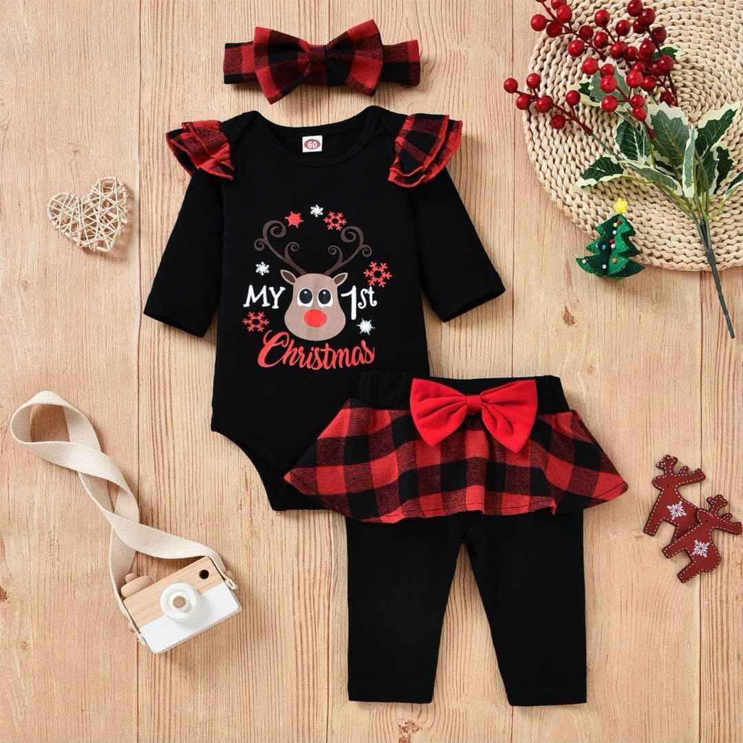Asmea Baby Christmas Outfit Girls My First Christmas Outfit Newborn Christmas Clothing Christmas Baby Outfit Newborn Set Christmas Clothes Baby Romper + Trousers + Headband 0-18 Months