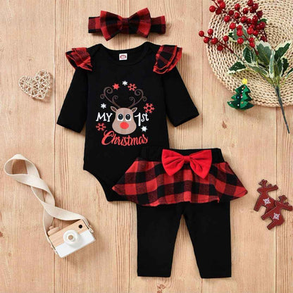Asmea Baby Christmas Outfit Girls My First Christmas Outfit Newborn Christmas Clothing Christmas Baby Outfit Newborn Set Christmas Clothes Baby Romper + Trousers + Headband 0-18 Months