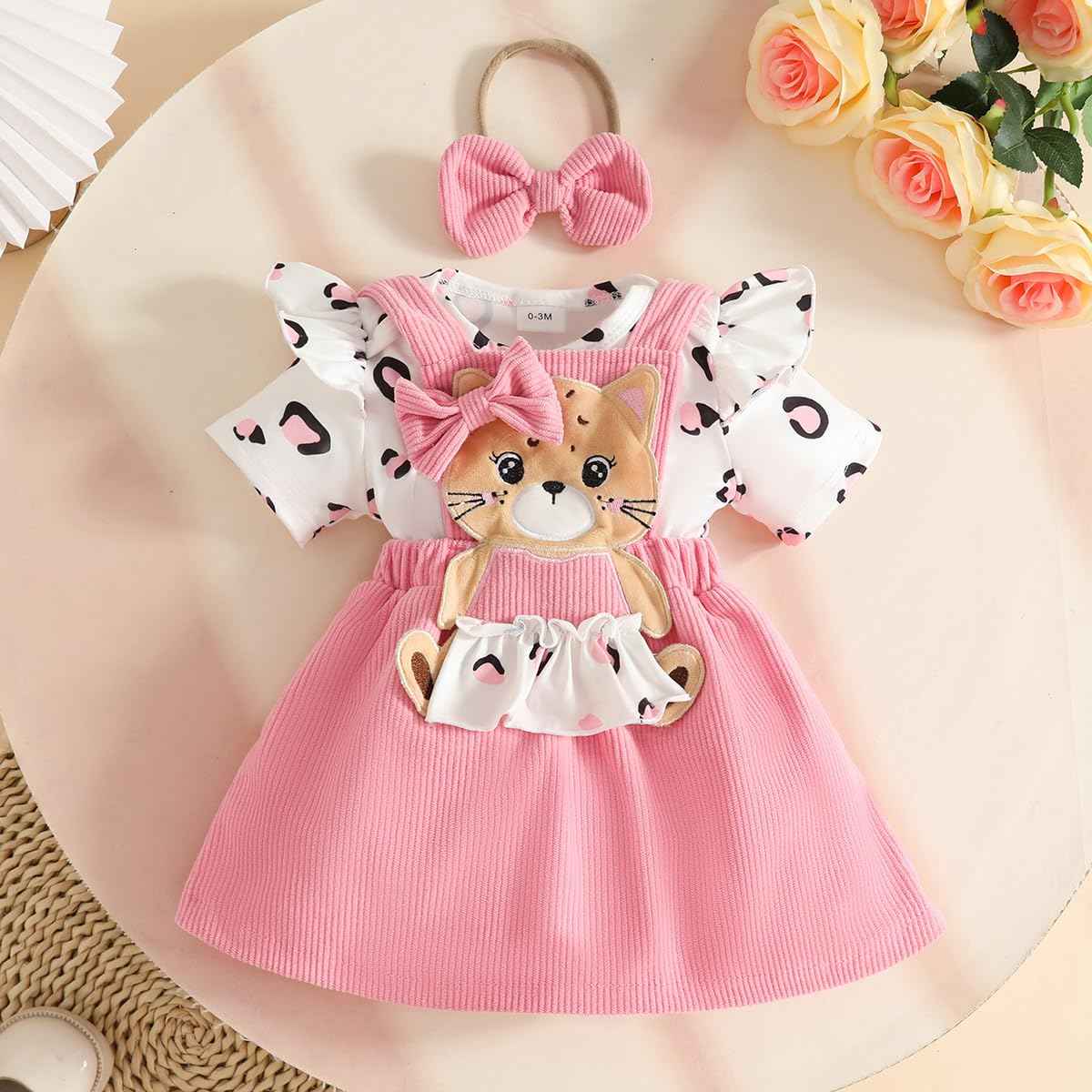 Neugeborenes Baby Mädchen Röcke Sets Kurzarm Rüschen Top + Bedrucktes Overalls Hosenträger Kleid + Stirnband Sommer Kleidung Outfits Set