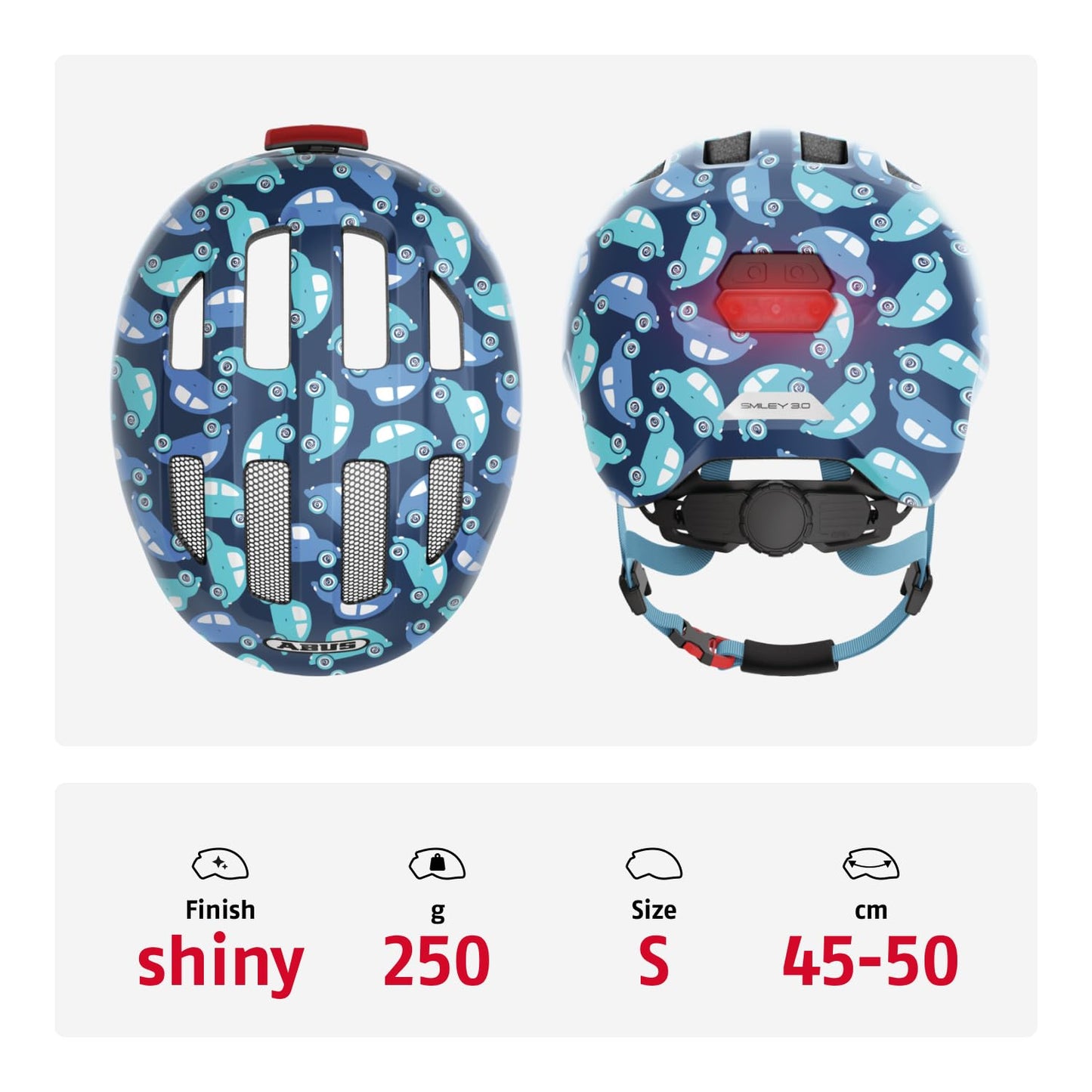 ABUS Kinderhelm Smiley 3.0 LED - Fahrradhelm mit Licht - Tiefe Passform & Platz für einen Zopf - für Mädchen und Jungs