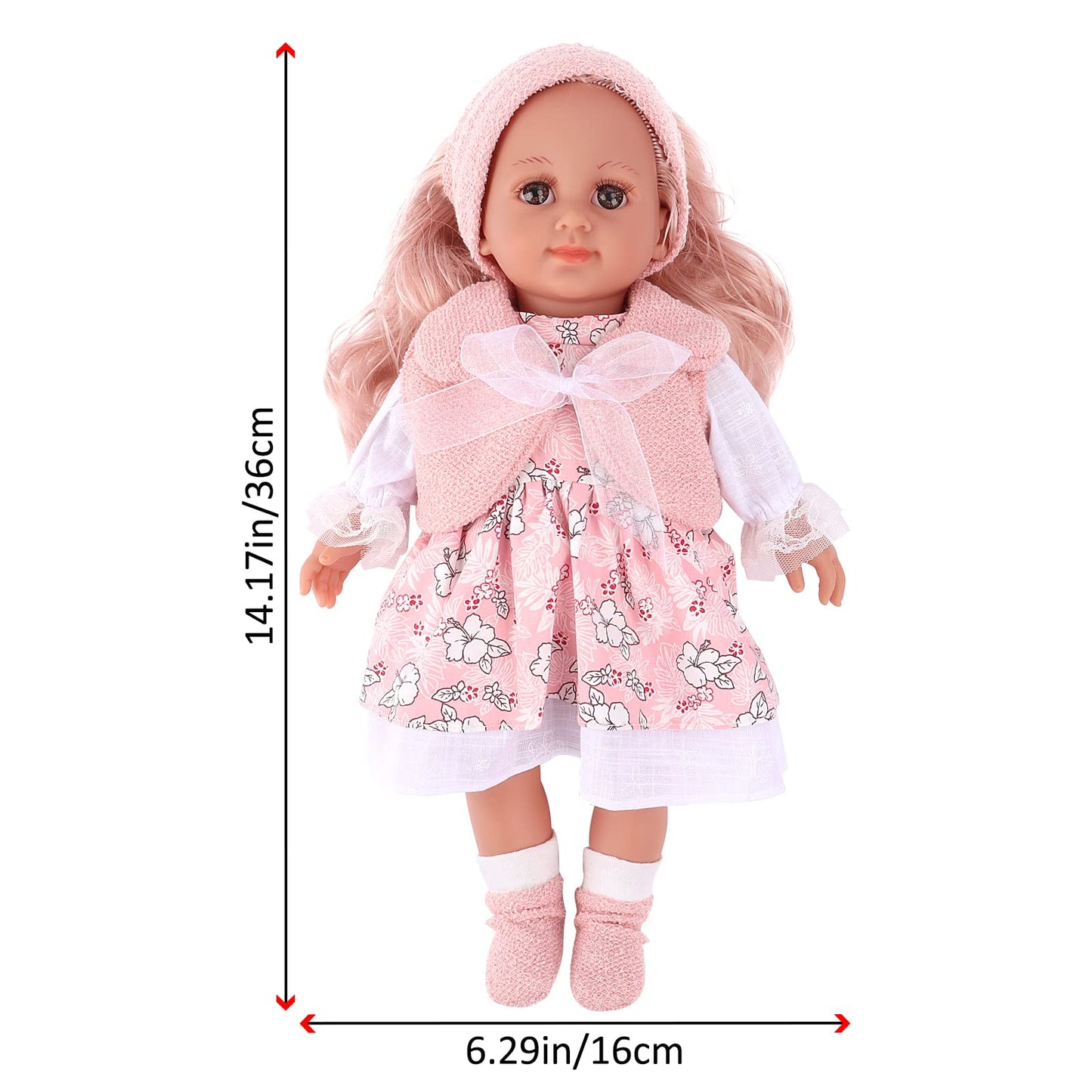 deAO Babypuppen-Spielset, Kleid Spiel Set für 36cm Puppe mit 3 Outfits und Puppenzubehör zum Kämmen und Frisieren, Puppe mit Langen Rosa Haaren Tolles Rollenspiel-Spielzeug für Kinder