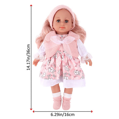 deAO Babypuppen-Spielset, Kleid Spiel Set für 36cm Puppe mit 3 Outfits und Puppenzubehör zum Kämmen und Frisieren, Puppe mit Langen Rosa Haaren Tolles Rollenspiel-Spielzeug für Kinder