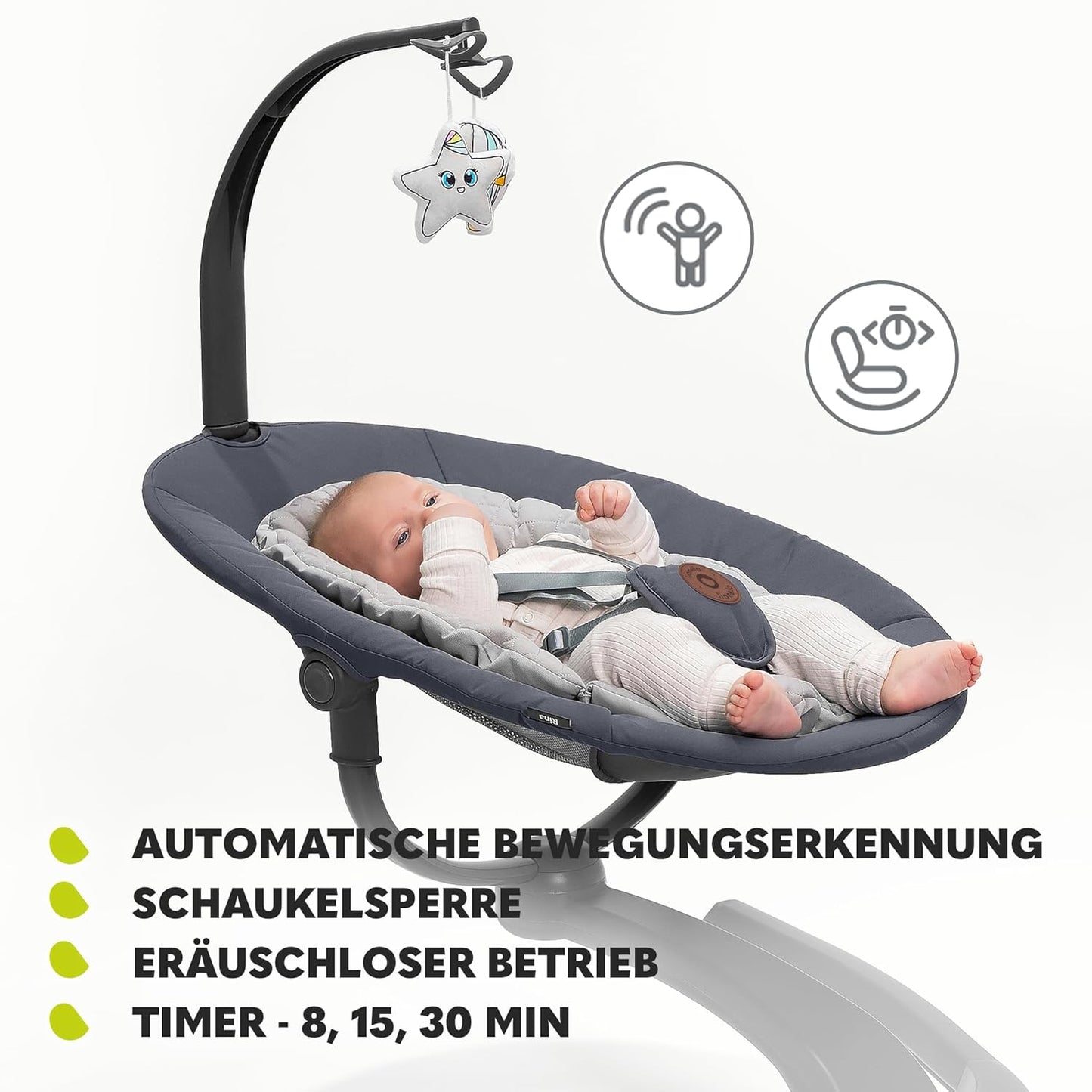 LIONELO Rina Baby Rocker and Deck Chair 2-in-1, Remote Control, 360° Rotating Seat, Two Swing Directions, 5 Swing Speeds, Locking, Backrest Adjustment, Timer, 12 Melodies