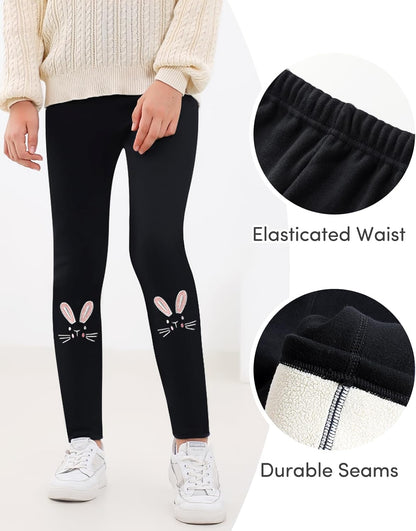 Domee Girls' Leggings Lined Thermal Trousers Warm Winter Cotton Embroidered Rabbit