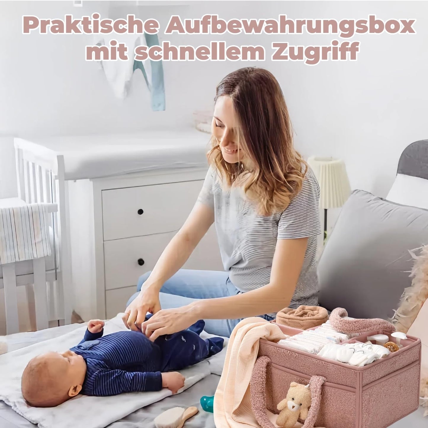 Wickeltasche Organizer, Wickeltisch Organizer, Tragbarer Wickelkorb mit abnehmbaren Fächern, Plüsch Wickeltisch Organizer mit Griffen, Baby Aufbewahrungskorb für Wickel- und Babysachen