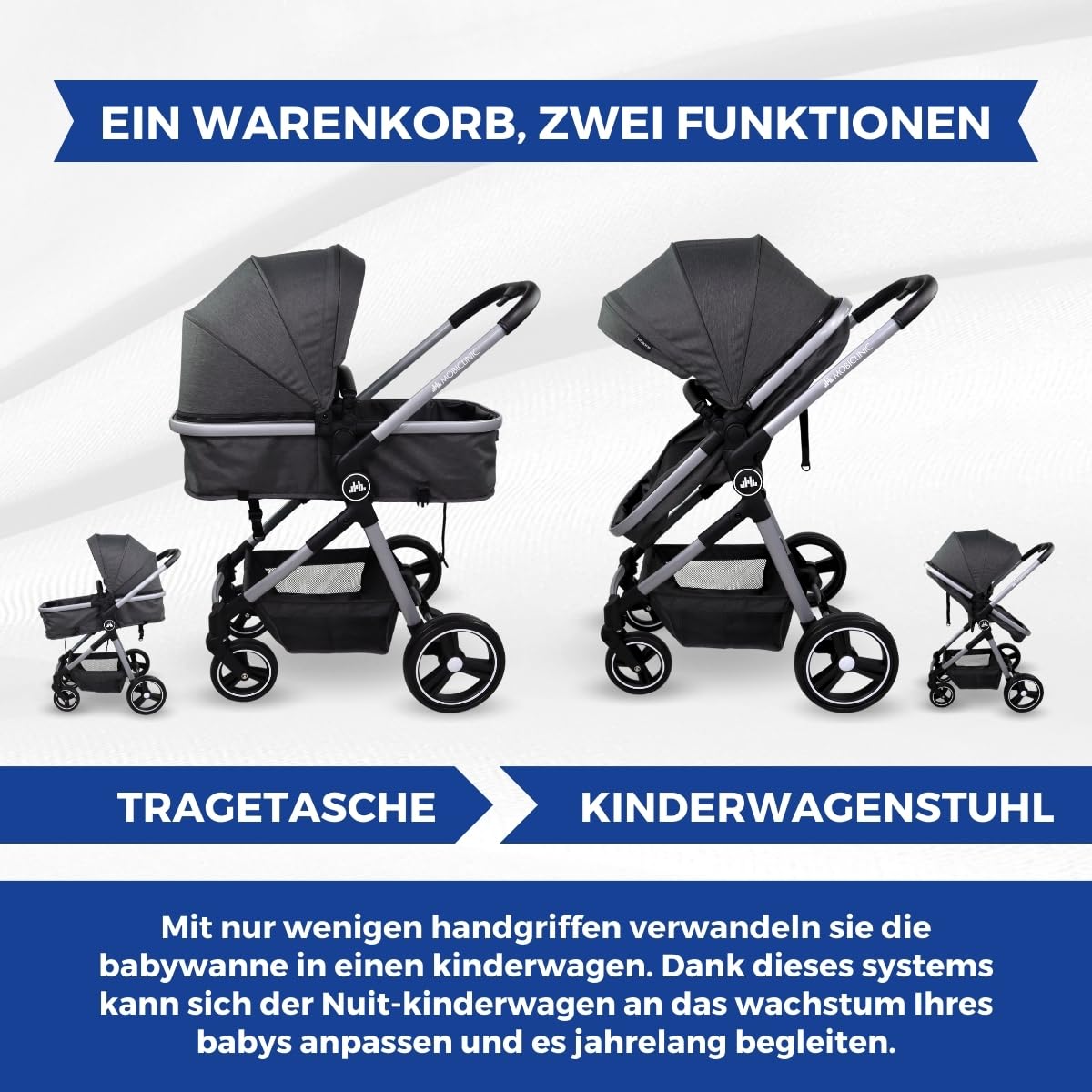Mobiclinic® kids, Kinderwagen + babywanne, 2 in 1, Nuit, Ultrakompakt, 5-punkt-gurtsystem, 22 kg, Einhandbedienung, Verstellbar, Verstellbare rückenlehne, Motorhaube, Korb, Fußbremse, Wendbar