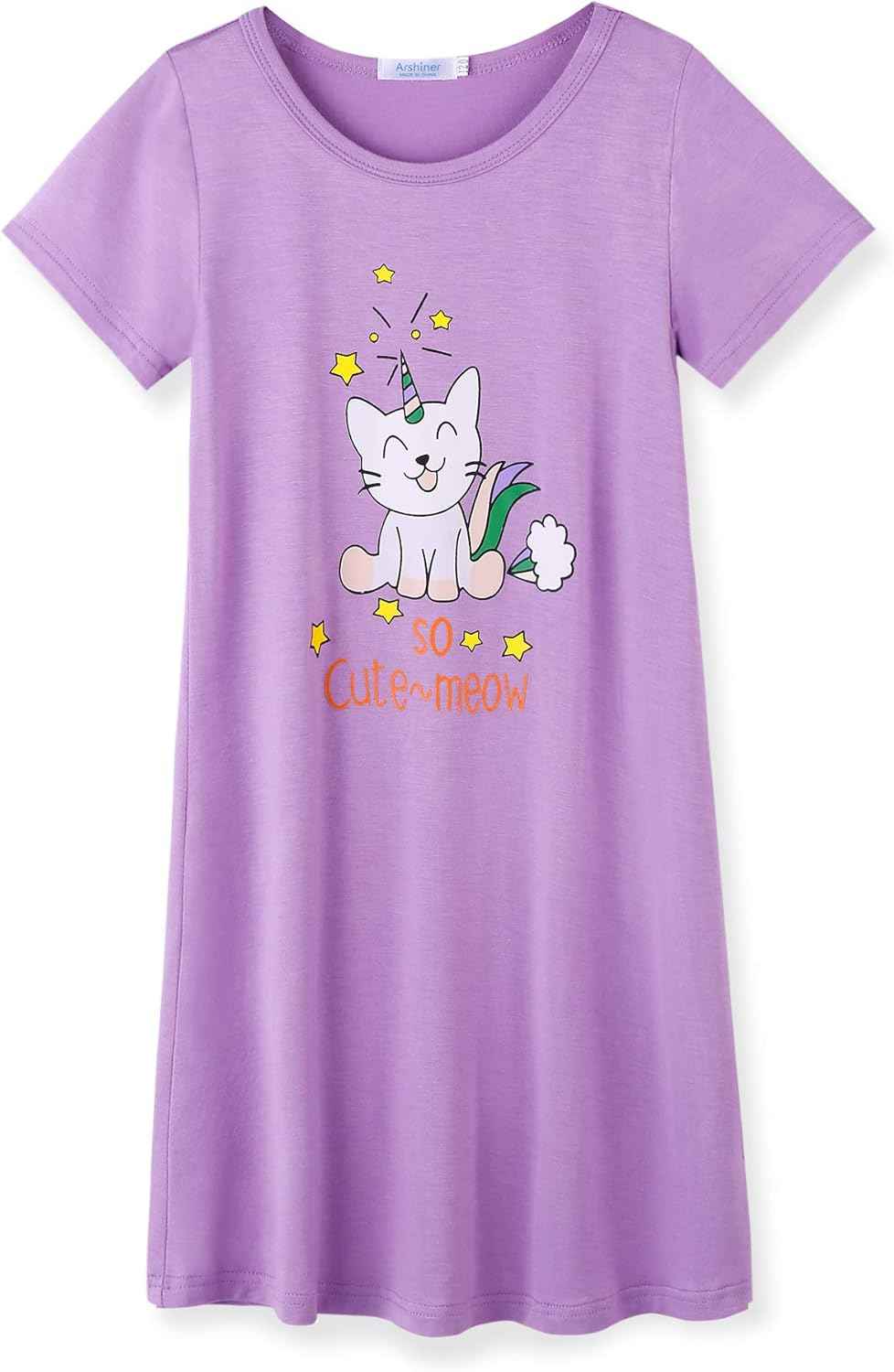 Arshiner Nightdress Girls Short Sleeve Pyjamas Children's Sleep Dress Cat Unicorn Crew Neck Night Dress 4-12 Years