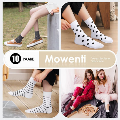 Mowenti Socken Mädchen 35-38 sportsocken strümpfe socks Mädchensocken bunte schwarz Streifen Punkte baumwollsocken 10 Paar