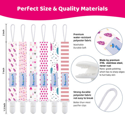 Smlpuame Baby Schnullerkette Mädchen Junge,6 Stück BPA-Frei Schnullerband Stoff Mädchen Junge,Schnuller Kette Nuckelkette Passen Die Meisten Schnuller und Beißspielzeug,Dummy Clips für Baby (Tier)