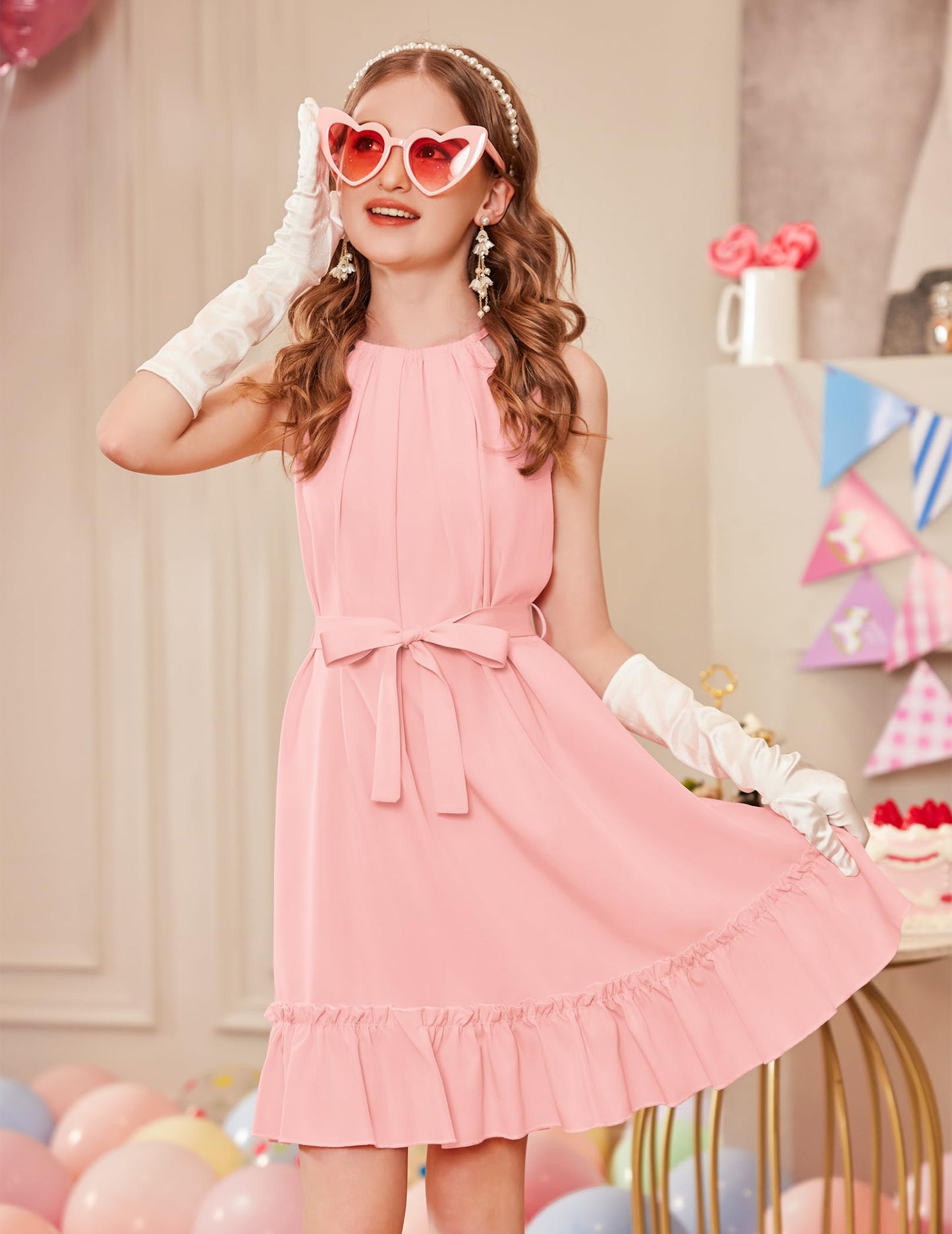 Arshiner Mädchen Kleid Neckholder Sommerkleid Rüschensaum Midikleid A-Linie Kinderkleid Swing Partykleider Abendkleid Kinder Festliche Kleider Freizeitkleid mit Gürtel 6-14 Jahre