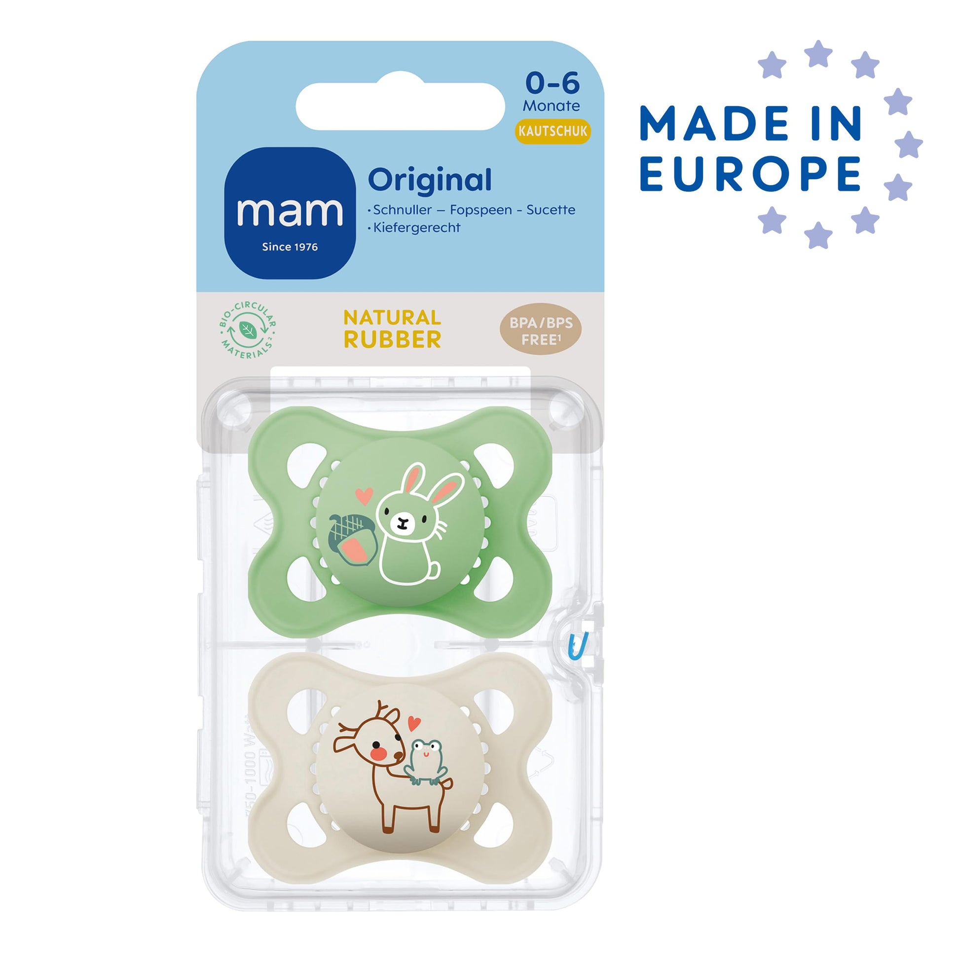 MAM Original Latexschnuller im 2er-Set, Schnuller aus nachhaltigen, bio-erneuerbaren Materialien, Baby Schnuller mit symmetrischem & kiefergerechtem Sauger, 0-6 Monate, Hase/Reh - Meloni2