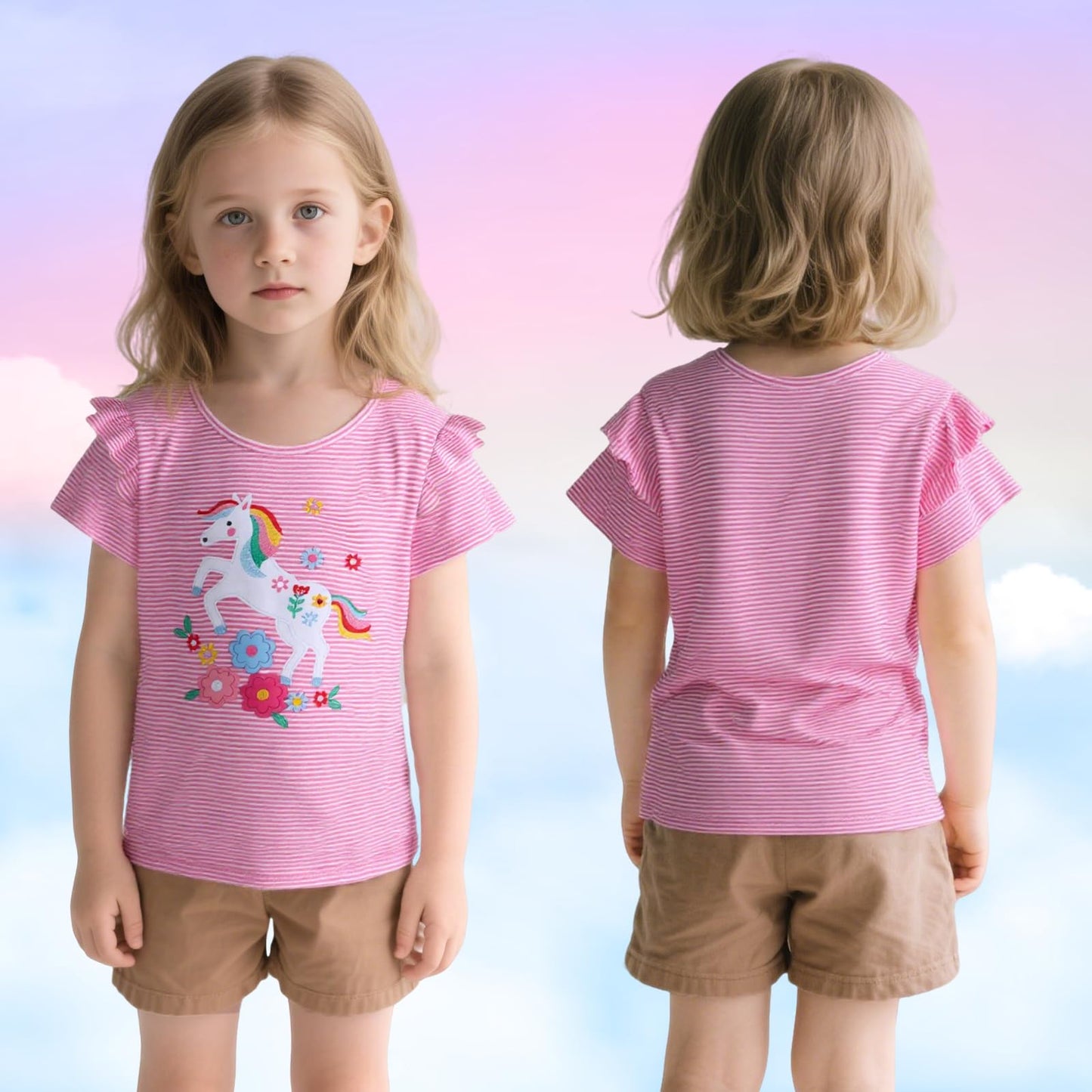 JinBei Mädchen T-Shirts Baumwolle Kinder Kurzarm Oberteile Rundhals Tops Shirts Atmungsaktiven Sommer Kleidung Niedlichen Mustern Sportshirt Casual Rosa und Weiß Streifen 2-7 Jahre, GR. 92-122