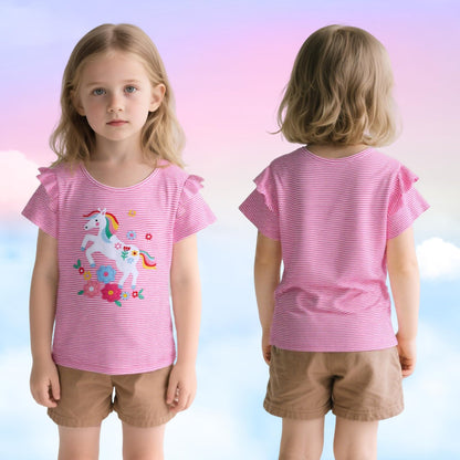 JinBei Mädchen T-Shirts Baumwolle Kinder Kurzarm Oberteile Rundhals Tops Shirts Atmungsaktiven Sommer Kleidung Niedlichen Mustern Sportshirt Casual Rosa und Weiß Streifen 2-7 Jahre, GR. 92-122