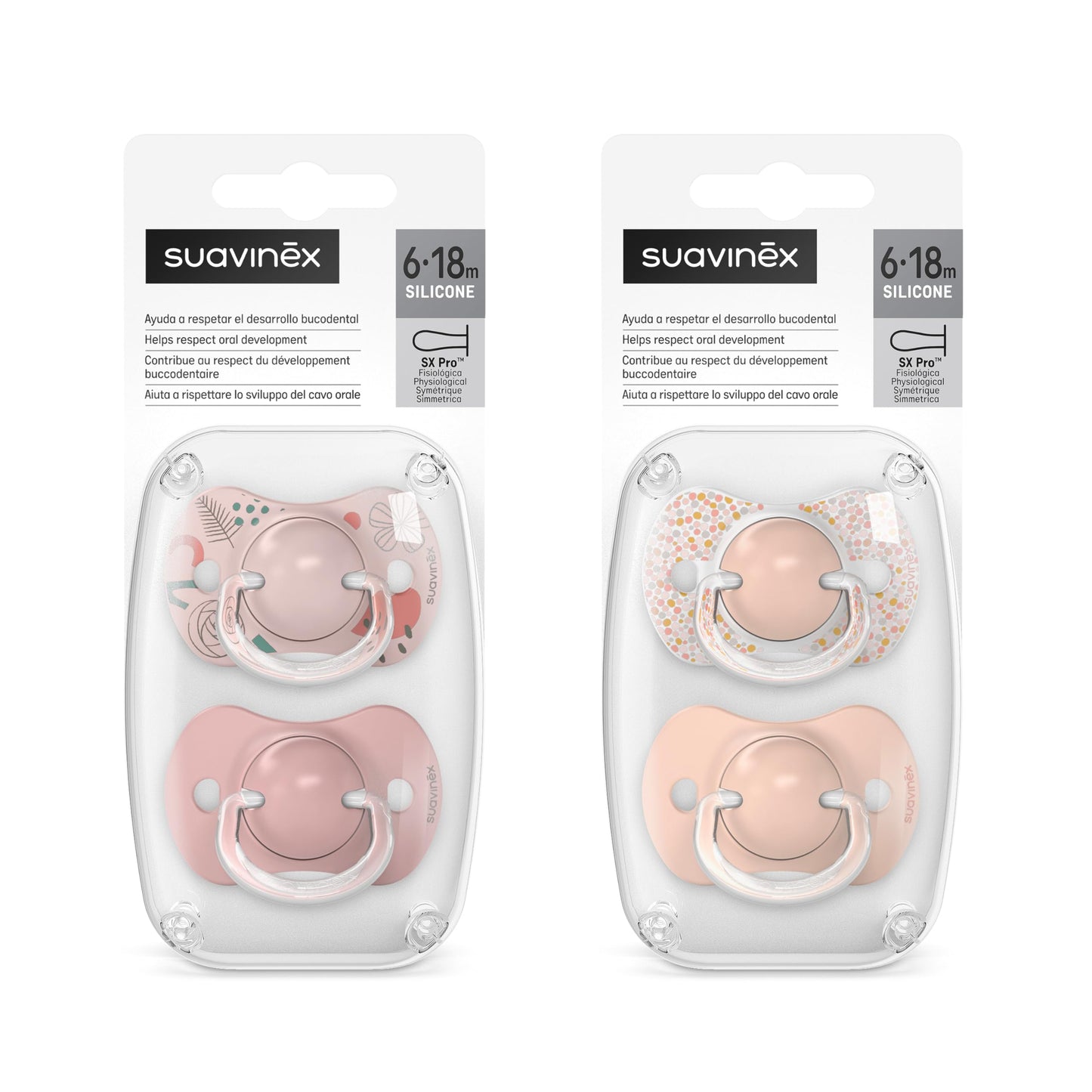 Suavinex, Set mit 2 Schnullern für Babys 0-6 Monate, Symmetrisch, Super weich und flexibel, Dreams Pink, 2er-Pack