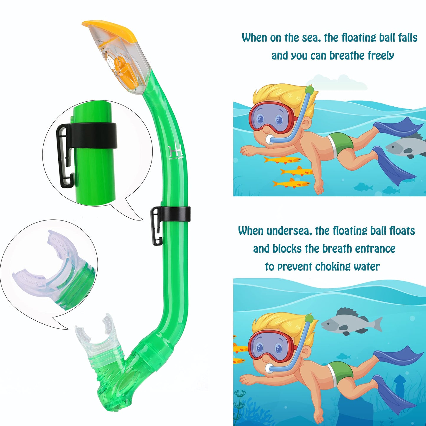 HH HHAO SPORT Children's snorkel set with fins, 180° panorama wide view diving goggles children, adjustable flippers, high-quality diving mask and dry top snorkel