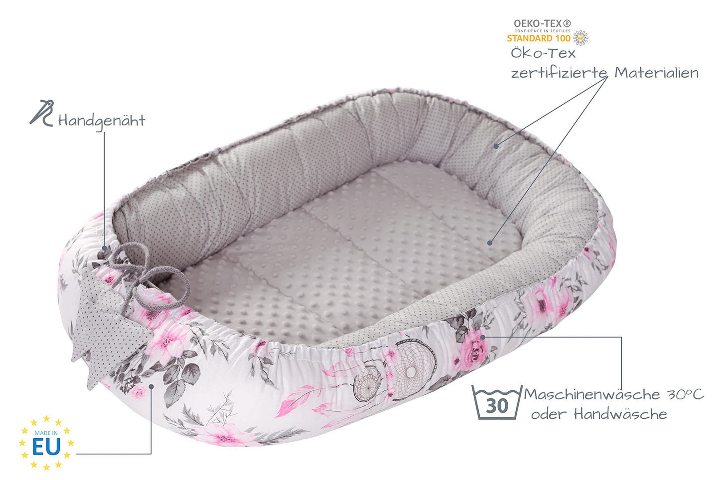 Medi Partners Babynestchen Babynest Set 100x60x15 Kuschelnest 5 teilig herausnehmbarer Einsatz Kokon Nestchen Babys Neugeborene 100% Baumwolle (REH mit Grauem Minky)