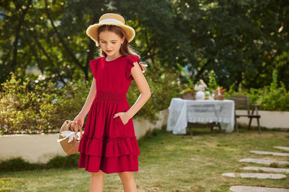 Arshiner Girls Dresses Flutter Sleeves Kids Summer Cotton Formal Dress A-Line Waist Lace-up Casual Dress Swing Dress Elegant Sleeveless Dress for Girls 5-13 Years 