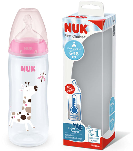 NUK First Choice+ Babyflasche | 6-18 Monate | Temperaturkontrolle | Fließkontrolle | Anti-Colic Belüftungssystem | 360 ml | BPA-frei | Silikonsauger | Krokodil (blau)