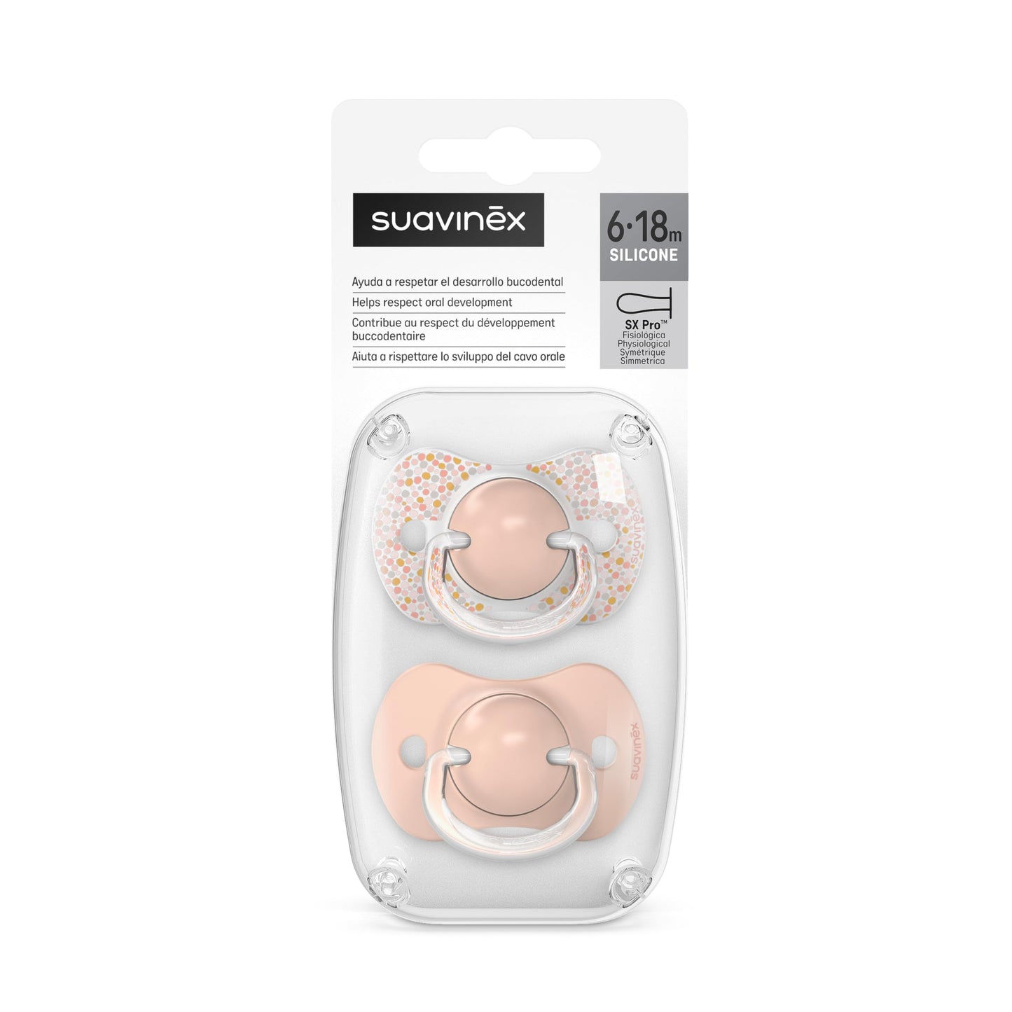Suavinex, Set mit 2 Schnullern für Babys 0-6 Monate, Symmetrisch, Super weich und flexibel, Dreams Pink, 2er-Pack