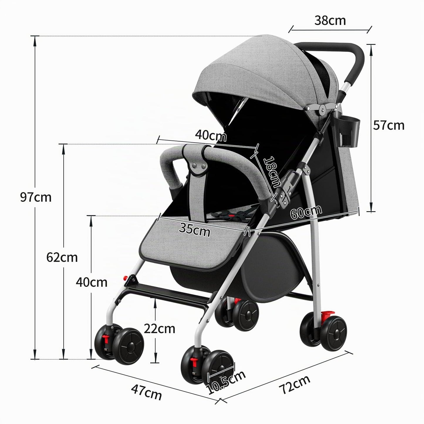 Buggy für Babys, ultraleicht, kompakt, faltbar und neigbar, von Geburt bis 25 kg, mit Trolley-System, Regenschutz inklusive, ausziehbarer Haube, C-schwarz