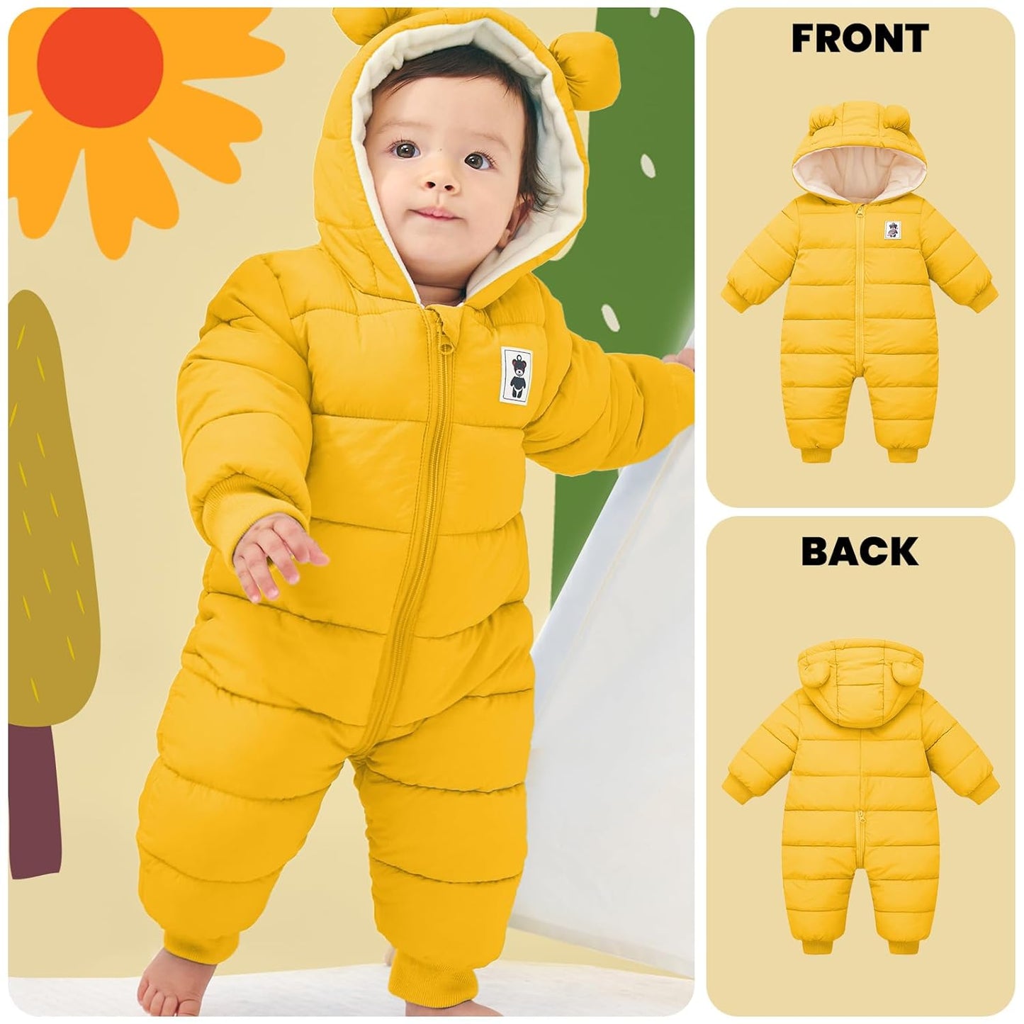 Minizone Baby Winter Jumpsuit with Hood, Romper Snowsuit Boys and Girls, Long-Sleeve Jumpsuit, Warm Outfits, Gift, 6-9 Months, 80 cm, Black