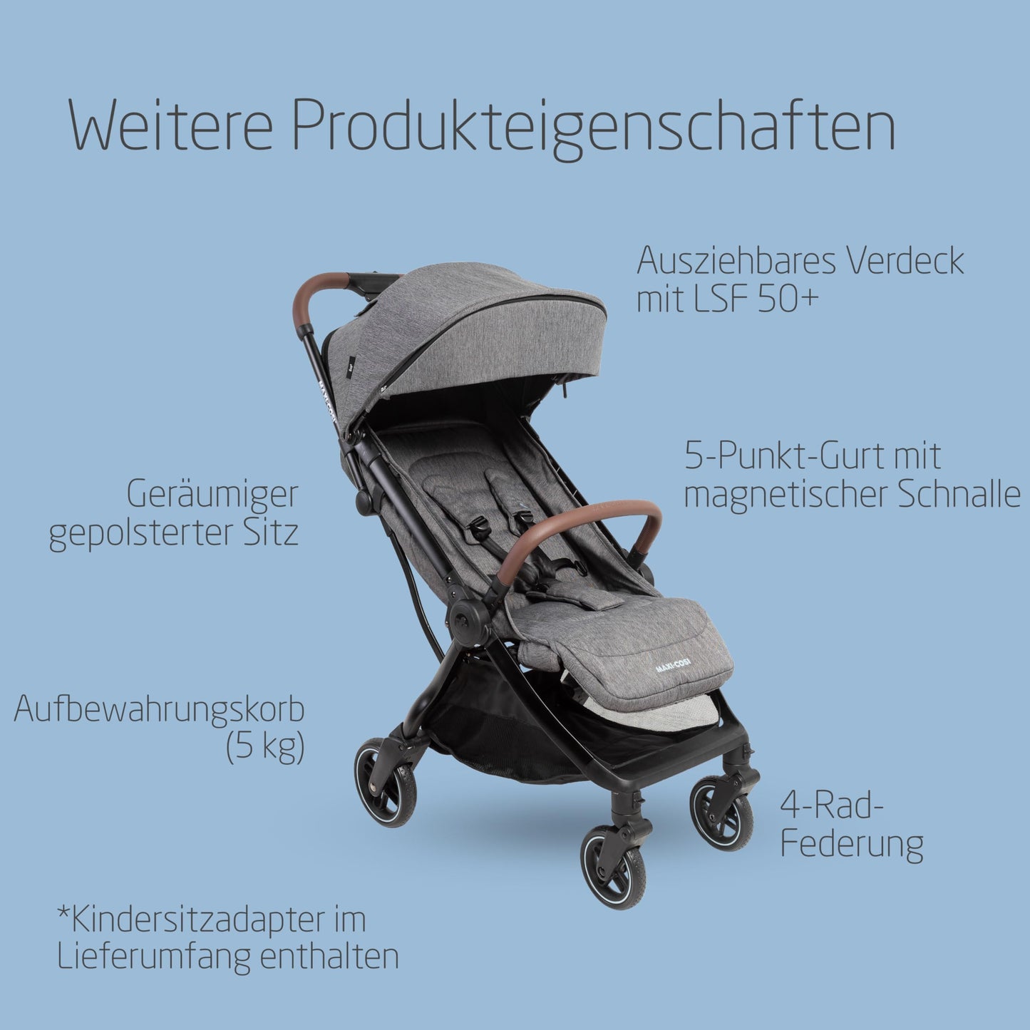 Maxi-Cosi Eva3 Pushchair, 0-4 Years, 0-22 kg, Baby Pram, Lightweight and Compact, Flat Reclining Position, 3 Reclining Positions, Automatic with 1 Hand Folding, Carry Strap, Select Grey