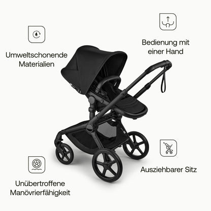 Bugaboo Fox 5, 2-in-1 Kinderwagen für jedes Gelände, mit Liegewanne und ausziehbarem Kleinkindsitz, einfach zu manövrieren und Ein-Hand Faltung, Fahrgestell in Schwarz und Sonnendach in Forest Green