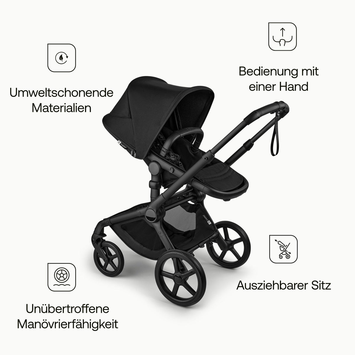 Bugaboo Fox 5 Renew, 2-in-1 Kinderwagen für jedes Gelände, mit Liegewanne | ausziehbarer Kleinkindsitz, praktische Ein-Hand Faltung, Fahrgestell in Schwarz und Sonnendach in Forest Green ab Lager